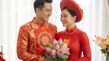 Cặp đôi mặc áo dài truyền thống rạng rỡ trong lễ cưới giúp giải đáp tuổi thìn cưới ngày nào tốt