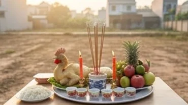 Mâm cúng thần linh trang nghiêm trong lễ khởi công khi xem tuổi thìn động thổ ngày nào tốt