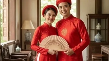 Cặp đôi mặc áo dài cưới truyền thống giúp giải đáp thắc mắc tuổi thìn hợp kết hôn với tuổi nào.