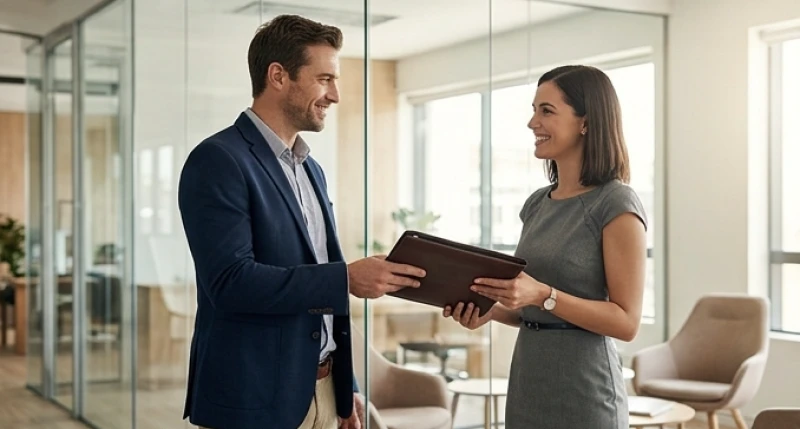 Hai đối tác kinh doanh đang trao đổi hồ sơ năng lực một cách cởi mở và tin cậy
