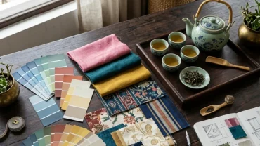 Các mẫu màu sơn và vải nội thất đặt cạnh bộ ấm trà truyền thống giúp xác định tuổi thìn hợp màu gì