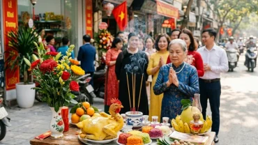 Mâm cúng truyền thống đầy đủ lễ vật cho người đang tìm hiểu tuổi thìn khai trương ngày nào tốt