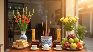 Bàn cúng lễ trang trọng được chuẩn bị chu đáo để giải đáp tuổi thìn khai trương ngày nào tốt mang lại tài lộc