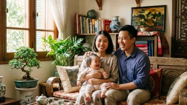 Hình ảnh em bé vui vẻ bên gia đình mang ý nghĩa phong thủy giúp giải đáp tuổi thìn nên sinh con vào năm nào hợp nhất
