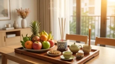 Mâm cúng tươm tất dâng lên thần linh khi chọn tuổi thìn nhập trạch ngày nào tốt giúp gia chủ thu hút vượng khí
