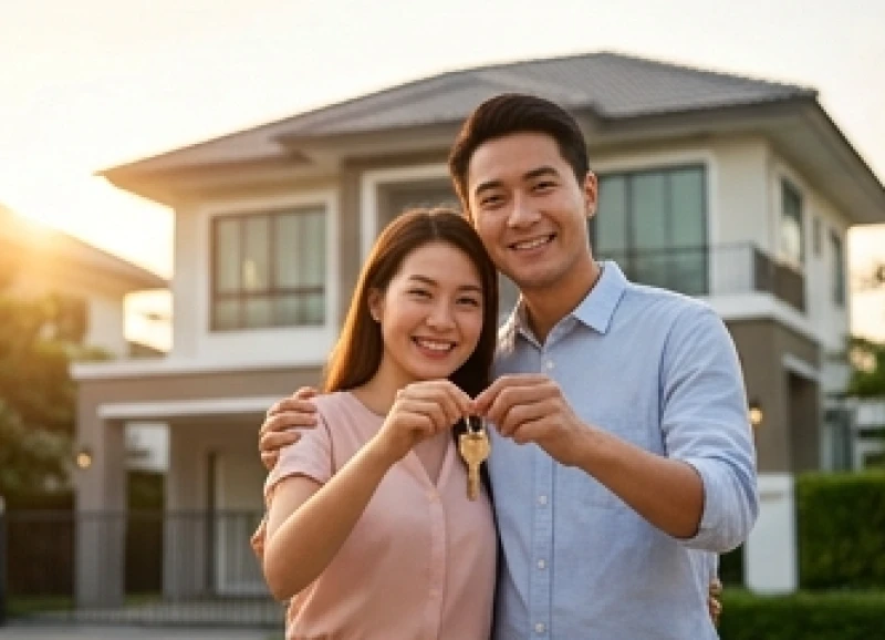 Cặp đôi hạnh phúc cầm chìa khóa trước ngôi nhà mới khang trang