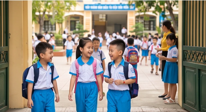 Tuổi mụ là gì: Quy tắc tính chuẩn, năm nhuận và bảng tra cứu 7 Một nhóm học sinh tiểu học đang vui vẻ bước vào cổng trường ngày khai giảng với chiếc cặp sách trên vai