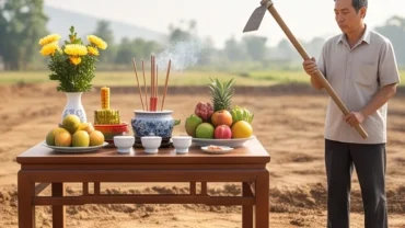 Gia chủ chuẩn bị mâm cúng tươm tất để giải đáp tuổi tuất động thổ ngày nào tốt cho ngôi nhà mới