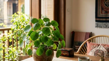 Không gian phòng khách kiểu Việt Nam với chậu cây xanh tươi trả lời cho câu hỏi tuổi tuất hợp cây gì