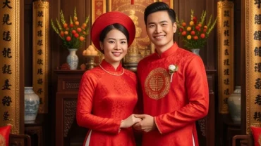Cặp đôi uyên ương trong trang phục áo dài cưới, tượng trưng cho hạnh phúc khi xem tuổi Tuất hợp kết hôn với tuổi nào