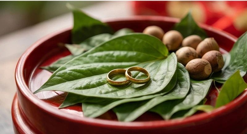 Cặp nhẫn cưới lấp lánh đặt cẩn thận trên khay cau trầu đỏ thắm chuẩn bị cho nghi thức ăn hỏi