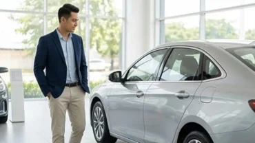 Người đàn ông xem xe ô tô tại showroom để quyết định tuổi tuất mua xe màu gì