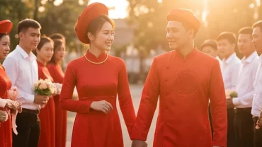 Cặp đôi cô dâu chú rể mặc áo dài đỏ truyền thống trong ngày cưới đại diện cho việc chọn tuổi tuất nên cưới vào năm nào