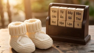 Đôi giày em bé đan len và cuốn lịch vạn niên mộc mạc tượng trưng cho việc xem tuổi tuất sinh con năm nào tốt