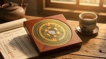 La bàn phong thủy và cuốn lịch vạn niên mộc mạc biểu tượng cho việc tìm hiểu tuổi tuất tam tai năm nào