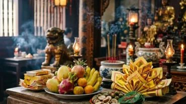 Mâm lễ vật tươm tất dâng lên đền chùa linh thiêng dành cho người đang tìm hiểu tuổi tý cầu tài lộc ở đâu đầu năm