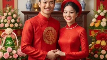 Cặp đôi mặc áo dài đỏ trong ngày cưới truyền thống thể hiện kết quả của việc xem tuổi tỵ cưới ngày nào tốt