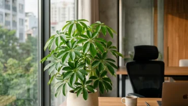 Chậu cây ngũ gia bì xanh mướt đặt trên bàn làm việc minh họa cho chủ đề tuổi tỵ hợp cây gì