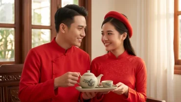 Cô dâu chú rể mặc áo dài truyền thống tượng trưng cho việc xem tuổi Tý hợp kết hôn với tuổi nào