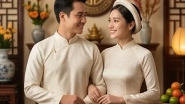 Một cặp đôi mặc trang phục cưới truyền thống mỉm cười, giải đáp thắc mắc tuổi tỵ hợp kết hôn với tuổi nào tốt nhất