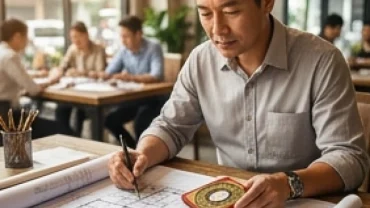 Chủ doanh nghiệp đang xem xét bản vẽ kinh doanh và các yếu tố phong thủy để xác định tuổi tý hợp kinh doanh gì