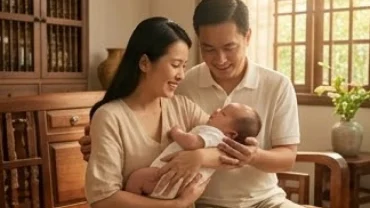 Gia đình trẻ đang âu yếm em bé sơ sinh mang bản mệnh phong thủy hòa hợp, giải đáp tuổi tỵ hợp sinh con tuổi gì