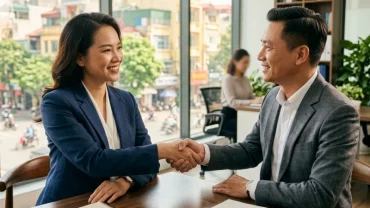 Hình ảnh hai doanh nhân Việt Nam bắt tay hợp tác giúp giải đáp thắc mắc tuổi Tý hợp tuổi gì trong làm ăn