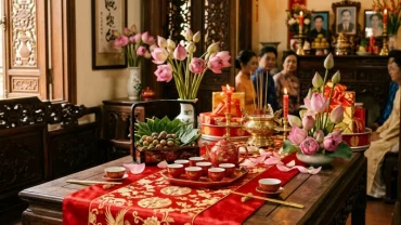 Không gian trang trí lễ cưới truyền thống minh họa cho chủ đề tuổi tỵ hợp tuổi gì trong tình yêu và hôn nhân