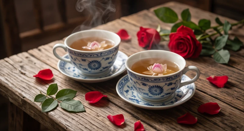 Tuổi Tỵ Nên Cưới Vào Năm Nào: Cách Chọn Năm Và Tháng Đại Lợi 14 Hai tách trà sen ấm áp đặt cạnh nhau trên bàn gỗ đại diện cho sự hòa hợp âm dương của vợ chồng