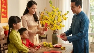 Người tuổi Tý mặc áo dài đỏ chuẩn bị không gian Tết Nguyên Đán để lưu tâm tuổi Tý kiêng gì trong ngày Tết.