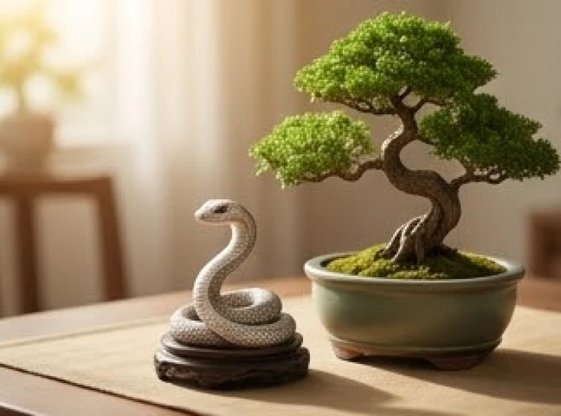 Bức tượng phong thủy nhỏ hình con rắn được đặt cạnh chậu cây xanh tươi biểu trưng cho mệnh Mộc