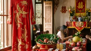 Cô dâu chú rể mặc áo dài truyền thống Việt Nam trong lễ gia tiên giúp giải đáp tuổi tỵ nên cưới vào năm nào