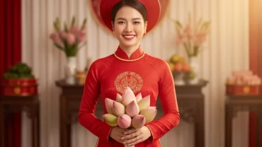 Cô dâu tuổi Tỵ mặc áo dài cưới màu đỏ rạng rỡ, tượng trưng cho hạnh phúc viên mãn khi biết tuổi tỵ nên cưới vào năm nào