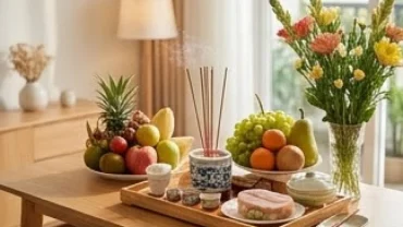 Không gian nhà mới khang trang cùng mâm cúng trang trọng giúp gia chủ tuổi tỵ nhập trạch ngày nào tốt đón tài lộc