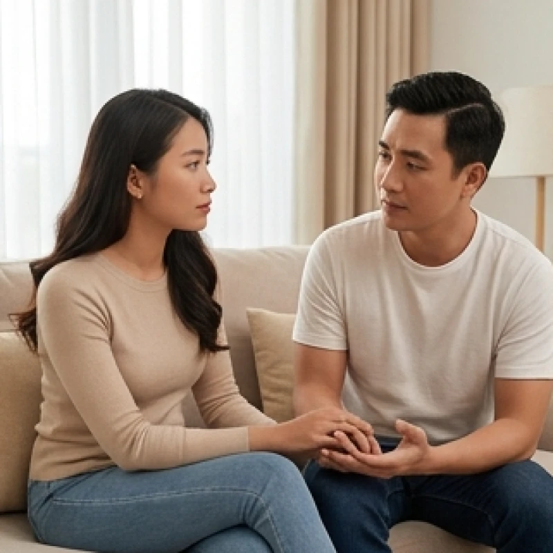 Hai vợ chồng đang ngồi thảo luận nghiêm túc để giải quyết mâu thuẫn trong tình duyên tuổi tý