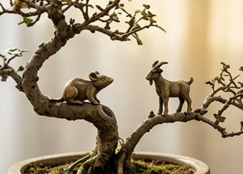 Mô hình Chuột bằng đồng và Dê bằng đồng đặt trên hai nhánh của một thân cây bonsai đang vươn ra xa nhau