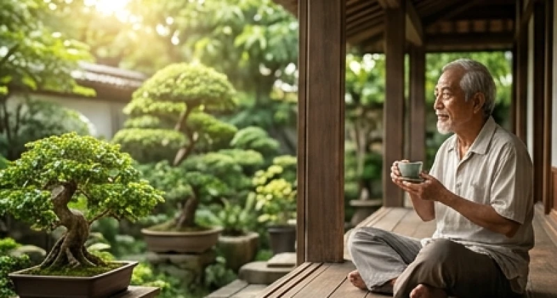 Người lớn tuổi thảnh thơi ngồi uống trà và ngắm cảnh vườn cây xanh mát