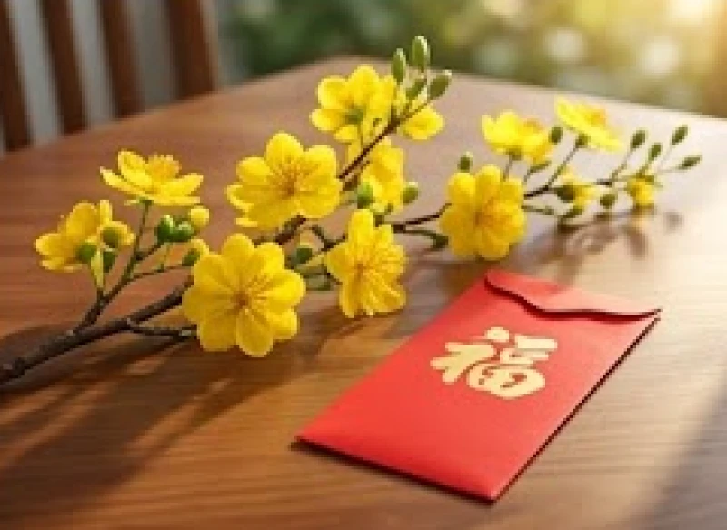 Bao lì xì đỏ thắm và cành mai vàng rực rỡ đón chào vị khách đầu tiên bước vào nhà