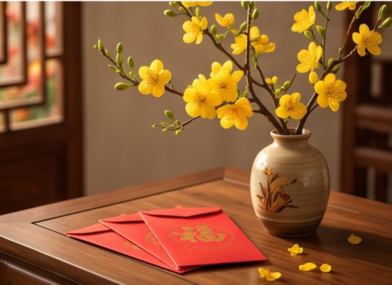 Tuổi Thìn hợp tuổi nào: Tra cứu chi tiết và cách hóa giải 9 Cành hoa mai vàng nở rộ bên cạnh những phong bao lì xì đỏ chuẩn bị cho nghi thức xông nhà đầu năm mới