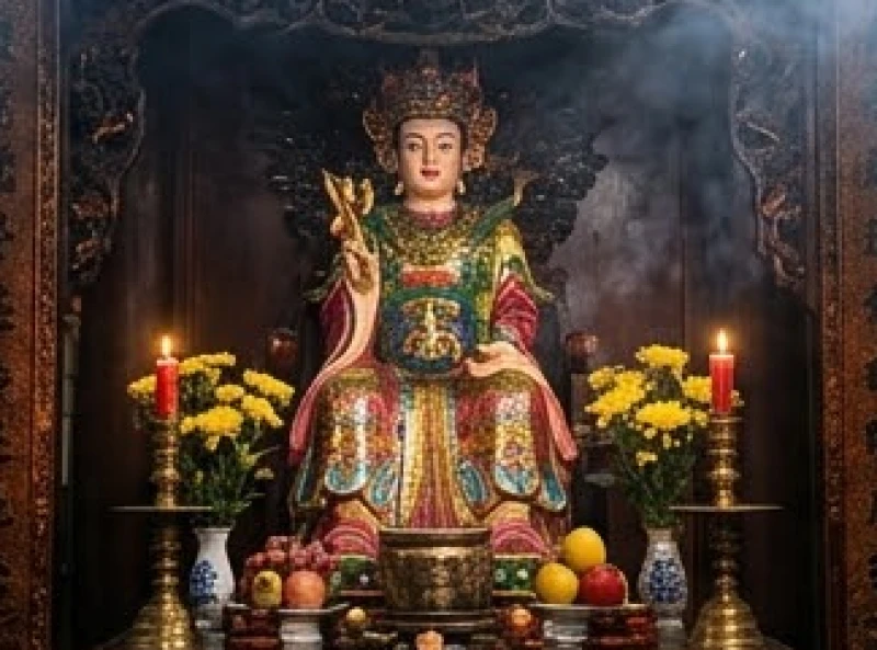 Văn khấn miếu Bà: Trình tự dâng lễ và bài cúng chuẩn 5 Tôn tượng uy nghi của một vị nữ thần được khoác áo bào rực rỡ và đặt tại vị trí trang trọng nhất trong chính điện