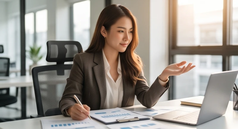 Phụ nữ sở hữu lòng bàn tay chữ M đang tự tin làm việc tại không gian văn phòng thanh lịch