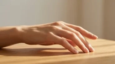 Bàn tay thon dài với các ngón tay thanh thoát đang khép hờ trên mặt bàn gỗ mang nét đẹp tướng bàn tay dài