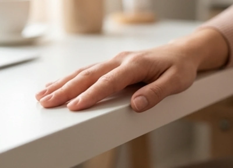 Bàn tay phụ nữ đặt nhẹ trên mặt bàn với ngón út ngắn hơn tiêu chuẩn nhân tướng học