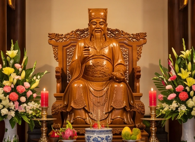 Bức tượng Đức Ông uy nghiêm với trang phục lộng lẫy được thờ tại một ban riêng biệt bên trong ngôi chùa