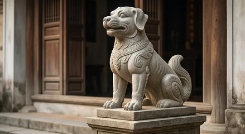 Ý nghĩa con chó trong văn hóa phong thủy: Quy tắc trấn trạch 1 Một bức tượng chó đá phong thủy uy nghi đặt trước bậu cửa gỗ truyền thống để bảo vệ bình an