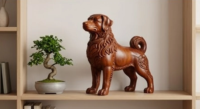Ý nghĩa con chó trong văn hóa phong thủy: Quy tắc trấn trạch 6 Tượng chó chạm khắc tinh xảo từ gỗ tự nhiên đặt gọn gàng trên kệ trưng bày phòng khách