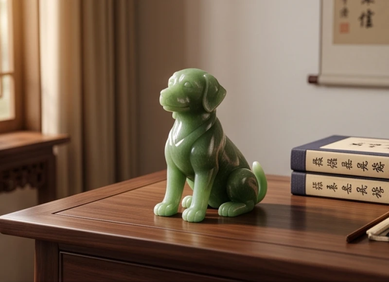 Linh vật phong thủy tuổi Mão: danh sách kiêng kỵ và cách an vị 3 Bức tượng chó phong thủy bằng ngọc đặt trên bàn làm việc gỗ hỗ trợ trấn trạch bảo vệ gia chủ