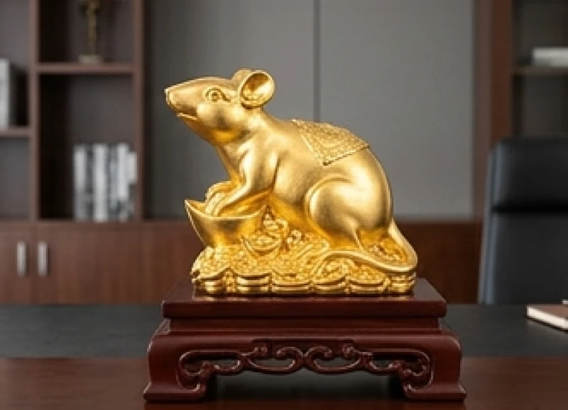 Tượng chuột đúc đồng nguyên khối mạ vàng 24k rực rỡ đặt trên bục gỗ hương tinh xảo