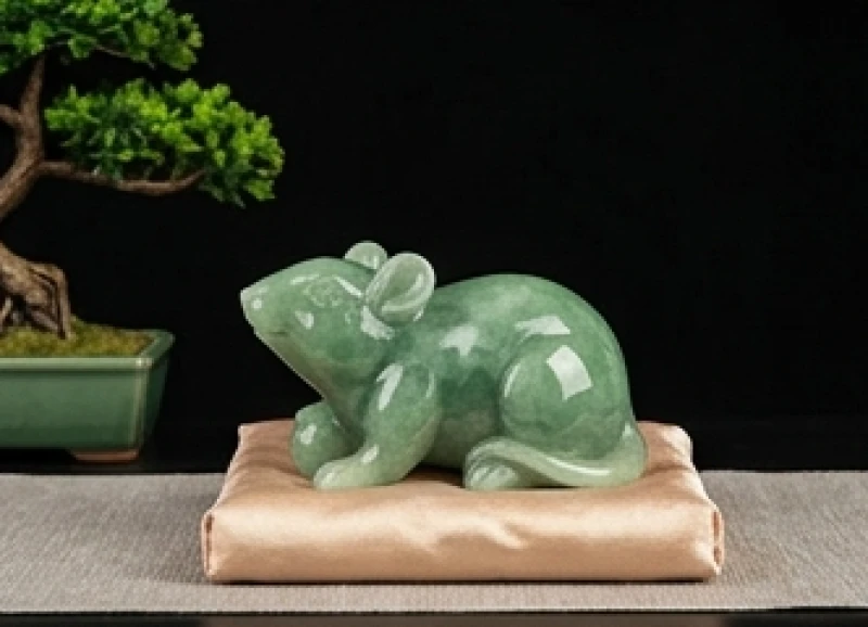 Tượng linh vật chuột được tạc từ ngọc bích xanh ngọc lục bảo trong suốt toát lên vẻ thanh tao