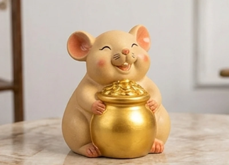 Tượng chuột béo mập ôm trọn hũ vàng lớn với nụ cười hiền hòa thể hiện sự viên mãn và dư dả